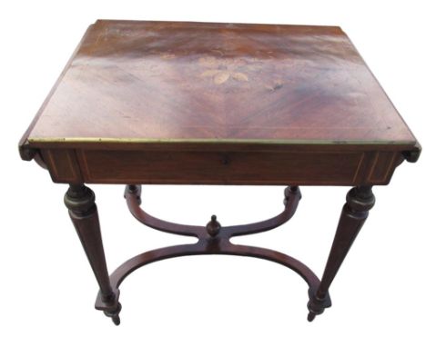 Early C20th French gilt metal mounted inlaid kingwood side table, with two D shaped folding leaves and single drawer on flute