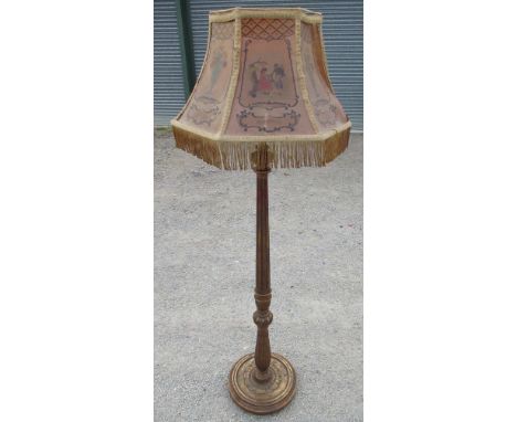C20th Geo. III style gilt wood standard lamp, fluted column on lotus and ring carved base on ball feet with fringed hexagonal