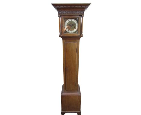 Geo.III style small mahogany longcase clock, with dentil cornice and blind fret frieze above 5.5cm square brass dial with Rom