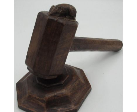 Robert Mouseman Thompson - oak gavel with octagonal head and handle, stepped block carved with signature mouse L23cm H12cm (2