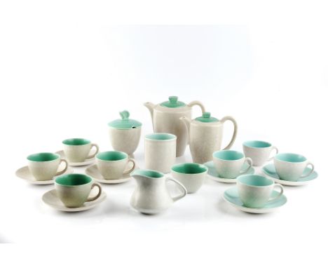 Poole Pottery  Coffee Set, circa 1960s consisting of coffee pot, water jug, sugar basin and cover, milk jug, another pot, nin