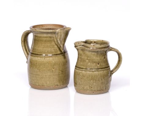 Richard Batterham (b.1936)  Jug and coffee pot with celadon glazes 16.5cm high and 23cm high (2).