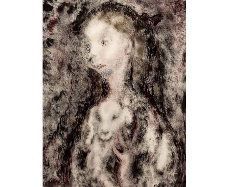 Eve Disher (1894-1991) Portrait of girl and dog signed (lower left) mixed media 56cm x 44cm. 
