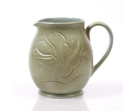 Susie Cooper (1902-1995) Studio Jug, 1933 green glaze, incised pattern incised signature 17.3cm high.