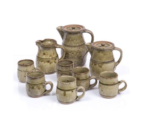 Richard Batterham (b.1936) Coffee set comprising coffee pot, hot water jug, milk jug and six mugs ash glazes the coffee pot 1