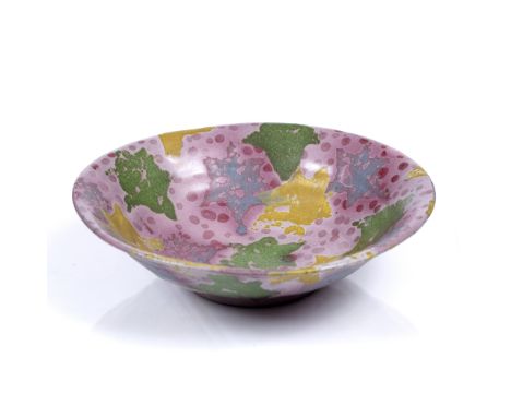 Janice Tchalenko (b.1942) Footed bowl green, yellow and spotted decoration 21.2cm diameter.