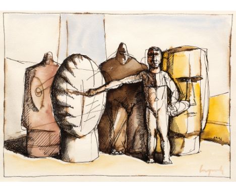 Zeljko Lapuh (b.1951) Head group with self portrait, 1996 signed (lower right) watercolour and ink 29cm x 39cm.