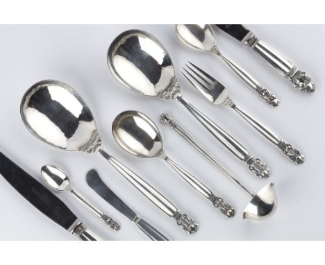 Georg Jensen Silver 'Acorn' dessert service comprising a serving spoon, a smaller serving spoon, four dessert spoons, a small