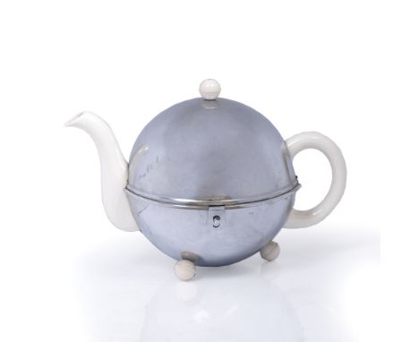 Heatmaster - Ellgreave Pottery Company Art Deco teapot, circa 1950 earthenware teapot, insulated chromed casing with bakelite