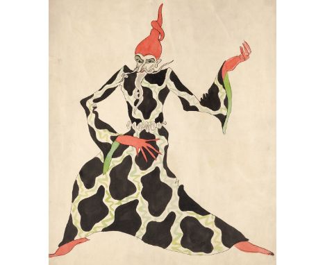 John Marsden Dronsfield (1900-1951) 'The Golden Cockerel' Astrologer puppet titled (to reverse) ink and watercolour 40cm x 32