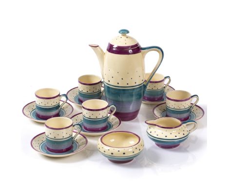 Susie Cooper (1902-1995) for A. E Gray & Co Ltd. Coffee set comprising coffee pot, milk jug, sugar basin, six cups and saucer