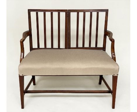 HALL BENCH, George III design mahogany with reeded slat back and brass studded linen upholstered seat, 94cm W x 89cm H x 46cm