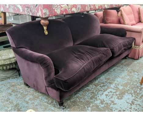 SOFA, 87cm H x 103cm D x 197cm W,  Howard style, purple velvet upholstered. 