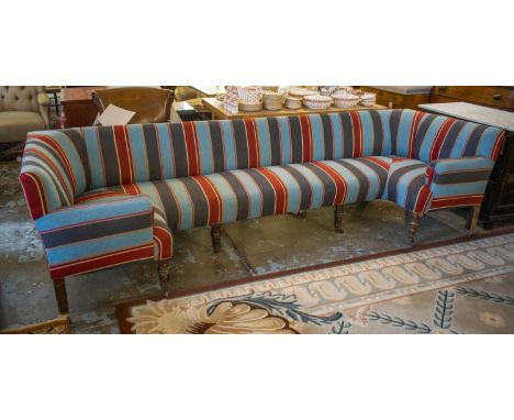 SOFA, 77cm H x 290cm x 65cm, 95cm D at ends, late Victorian with unusual L shaped ends in blue and red striped fabric on eigh