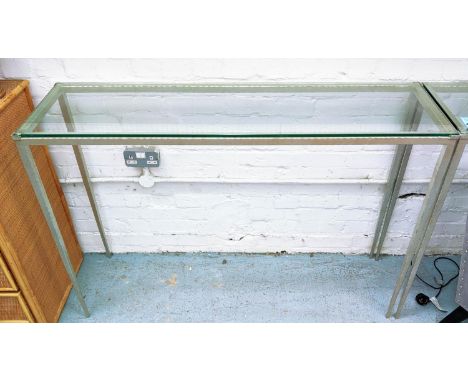 ADAM WILLIAMS TAPERED CONSOLE TABLE, silvered metal base, glass top, 130.5cm x 36.5cm x 90.5cm. 