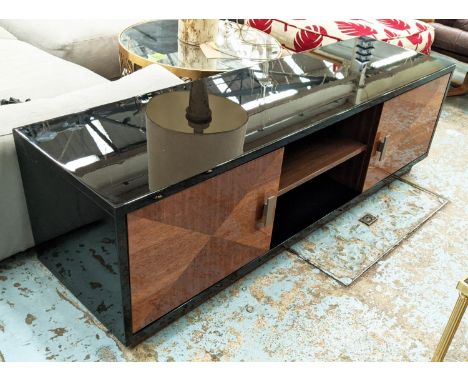 MEDIA CONSOLE, Art Deco style, with two cabinet compartments, 160cm x 45.5cm x 50.5cm, flanking central open shelf. 