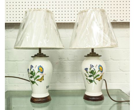 TABLE LAMPS, a pair, 45cm H, glazed ceramic, floral design, with shades (2) 