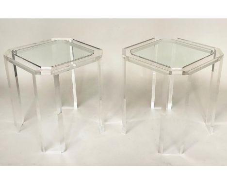 LUCITE LAMP TABLES, a pair, square, glazed with cant corner Lucite support, 50cm x 50cm x 56cm H. (2) 