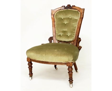 SALON CHAIR, 19th century Scottish Aesthetic carved walnut with buttoned moss green velvet upholstery, turned front supports 