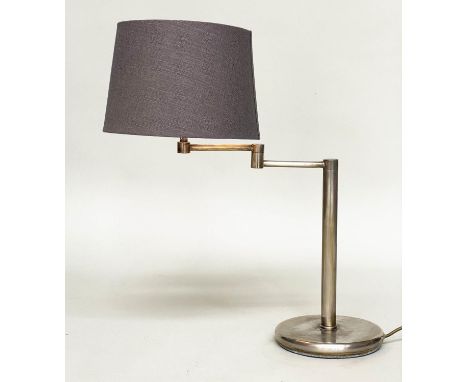 DESK LAMP, 1970s silvered metal with weighted circular base, column and extending hinged swing arm, 63cm H. 