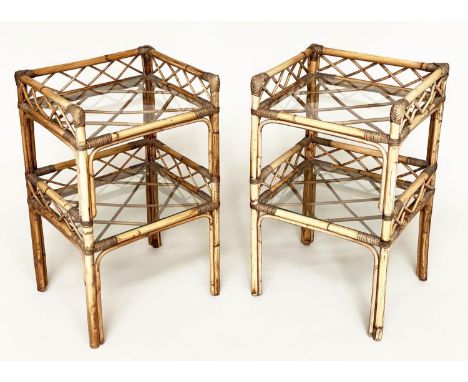 BAMBOO LAMP TABLES, a pair, bamboo framed, glazed and cane bound with two galleried tiers, 42cm x 35cm x 69cm H. (2) 