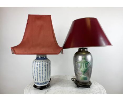 LAMPS, two, one églomisé with trophy decoration on silvered ground along with a Chinese blue and white character decorated la