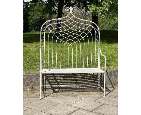 GARDEN BENCH, folding painted metal with high back, slatted seat and fold down arms, 115cm x 165cm H. 