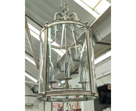 HALL LANTERN, polished metal and glazed, four branch light, 97cm drop. 