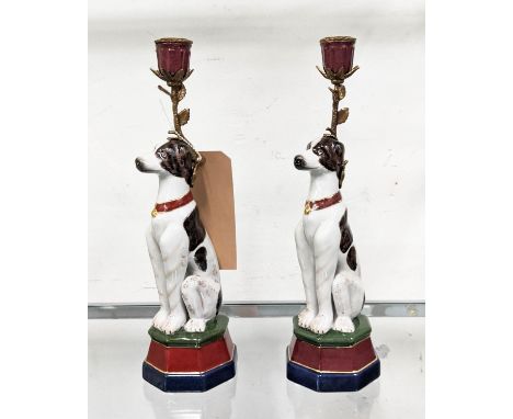 DOG CANDELABRA, a pair, glazed ceramic, gilt mounts, 35cm H. (2) 