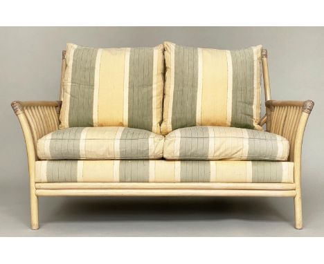 SOFA BY ANGRAVES, rattan and cane bound frame, with striped cushions by 'Angraves', 144cm W. 