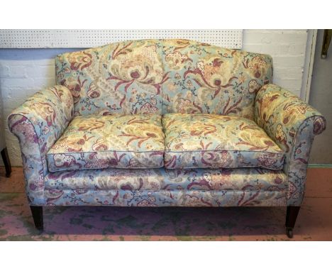 SOFA, 96cm H x 157cm W, Edwardian mahogany newly upholstered in foliate fabric. 