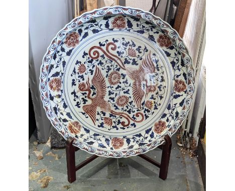 CHINESE CHARGER ON STAND, glazed ceramic, 95cm W x 120cm H x 45cm D. 