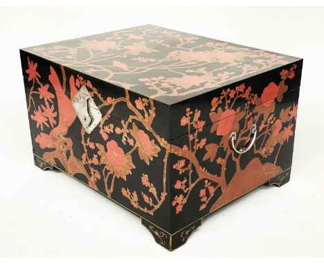 CHINESE TRUNK, early 20th century lacquered with gilded brown and red foliate and bird decoration, silvered mounts and carryi