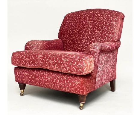 ARMCHAIR, Howard style tapestry style burgundy upholstery with arched back and turned front supports, 87cm W. 