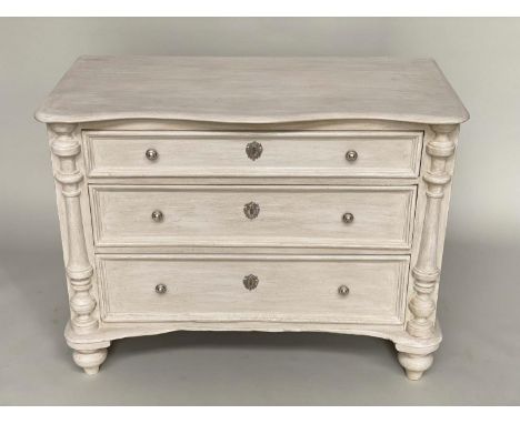 COMMODE, 19th century French traditionally grey painted with three long drawers and columns, 105cm W x 53cm D x 80cm H. 