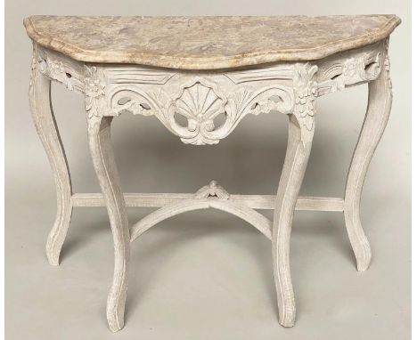 CONSOLE TABLE, French Louis XV style carved and painted with marble top, 99cm x 80cm H x 34cm. 