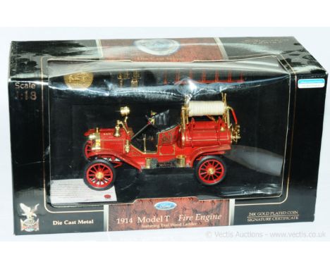 Road Signature a boxed 20038 1914 Ford Model T Fire Engine featuring Real Wood Ladder. Conditions generally appear Near Mint 