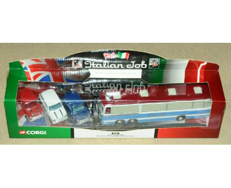 Corgi a boxed TV Related "36502" 3-vehicle Gift Set "The Italian Job" which comprises of 3 Minis and a blue and white Coach (