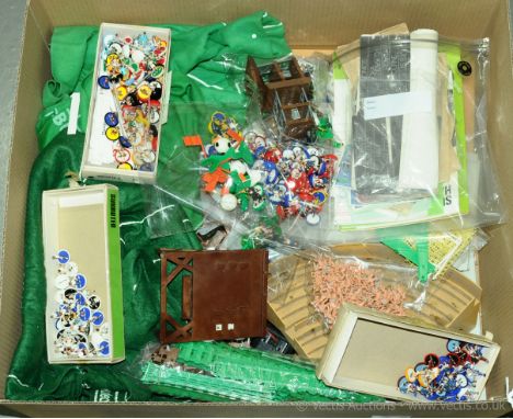 Subbuteo a large quantity of loose unboxed Subbuteo accessories such as 3 x green baize pictures, plastic stands, floodlights