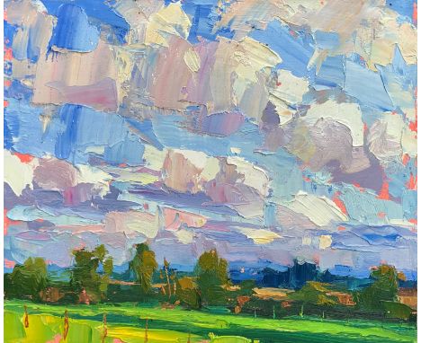 Lucy Kent (b.1984) Big Clouds and Wind Signed and stamped verso Oil on wood panel 25 x 30cm 40 x 45cm including frame. Horati