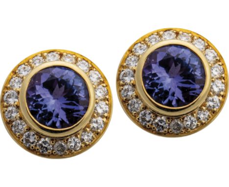 Tansanit-Ohrstecker mit Brillanten 750-er Gelbgold ca. 4,4 g. Runde Ohrstecker mit blau-violetten Tansaniten zus. 2,74 ct. Br