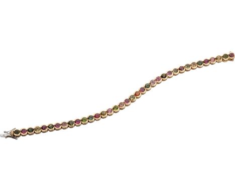 Riviere-Armband mit bunten Turmalinen 750-er Rosegold ca. 17,5 g. 36 bunte Turmaline in unterkaderten, beweglichen Zargenfass