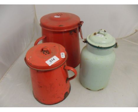 KITCHENALIA 3 ENAMEL STORAGE JARS LARGEST IS 25CM TALL