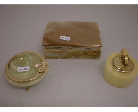 3 PIECES OF ONYX AND ALABASTER TABLE LIGHTER ASHTRAY AND TOBACCO BOX