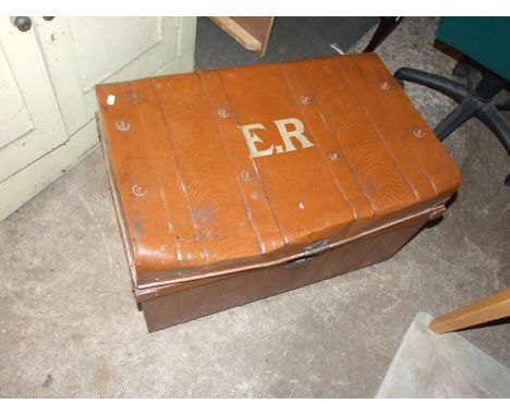 VINTAGE TIN TRUNK WITH ER ON LID