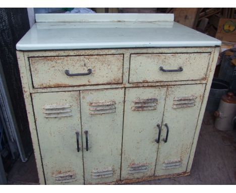 VINTAGE METAL CABINET WITH ENAMEL TOP