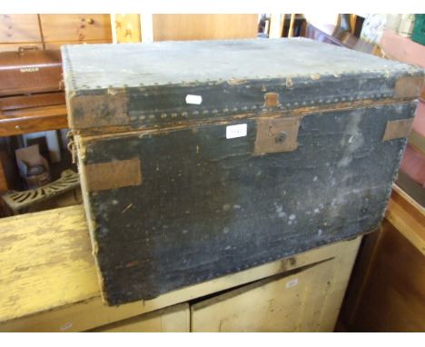 VINTAGE WOODEN TRUNK WITH METAL BANDING &amp; RIVETS