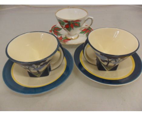 PAIR OF CHELSEA WORKS BURSLEM BRADWELL TEA CUPS AND SAUCERS PLUS ONE OTHER CUP AND SAUCER