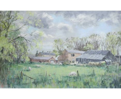 Angus Rands (1922-1985)Sheep grazing before a farmSigned, pastel, together with two further landscape studies by the same han