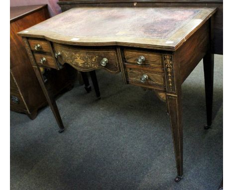 An Edwardian Rosewood and Marquetry Inlaid Writing Desk, with red leather top above five drawers on square tapering legs, 92c